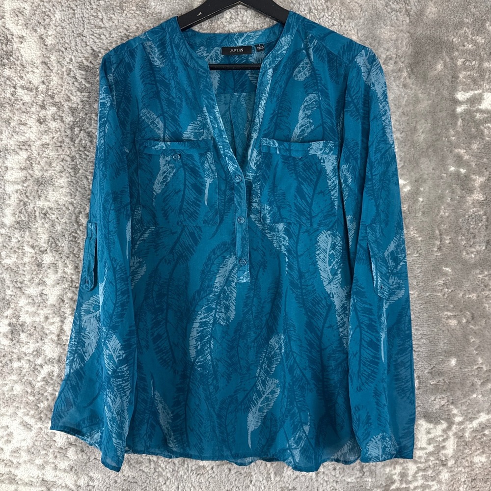 Apt. 9 Sz S Tropical Leaf Print Roll Tab Button Up Blouse Blue Long Sleeve Women